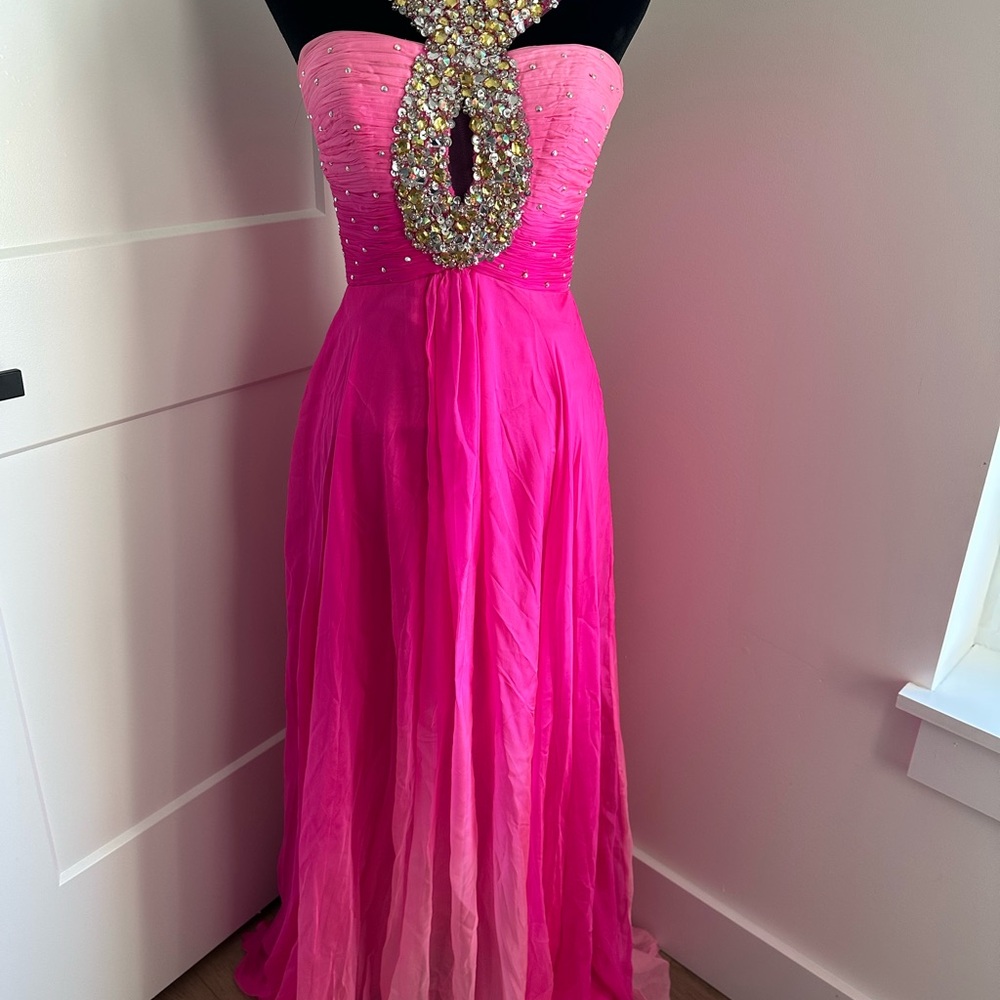 Sherri Hill 🩷 Vibrant Pink Ombré Jewel beaded silk chiffon maxi prom Dress 4